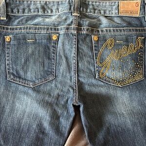 Vintage Guess Low-Rise Women's Blue Jeans with Gold Accents